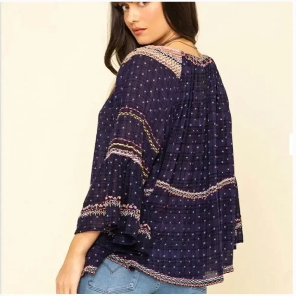 Free People Talia Embroidered Blouse Size XS Navy Blue ,